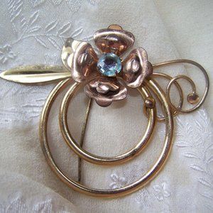 Vintage Pin Brooch Circle 10K Flower Blue Stone